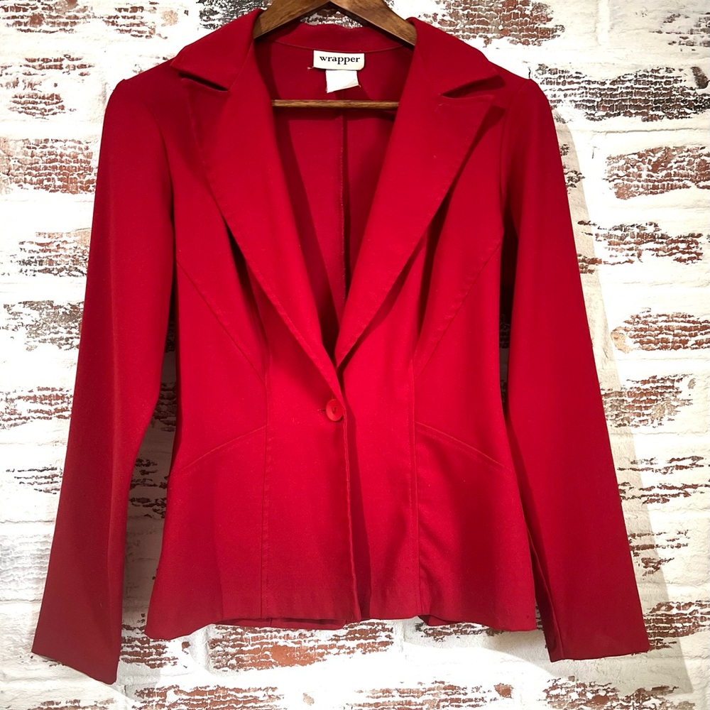 Vtg Wrapper Blazer Fitted One Button Polyester Ch… - image 2